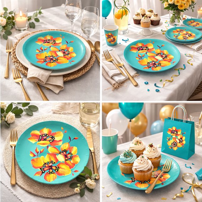 Elegant Orange Flowers - Aqua- Customise your Own Paper Plate (Creator Uploaded)