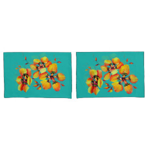 Elegant Orange Flowers - Aqua Pillowcase