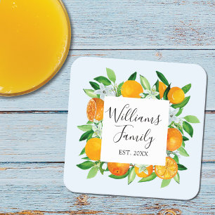 Elegant Orange Fruits and Flowers Summer Floral Square Paper Coaster