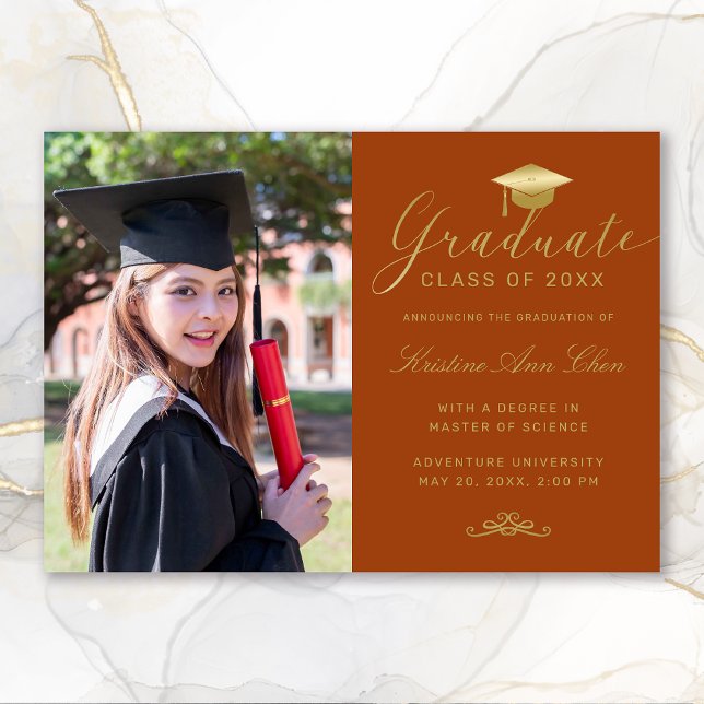 Elegant Orange Gold Formal Script Photo Graduation Announcement (Elegant Orange Gold Calligraphy Photo Graduation Announcement)