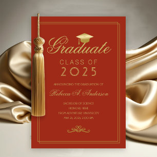 Elegant Orange Gold Grad Cap College Graduation Announcement