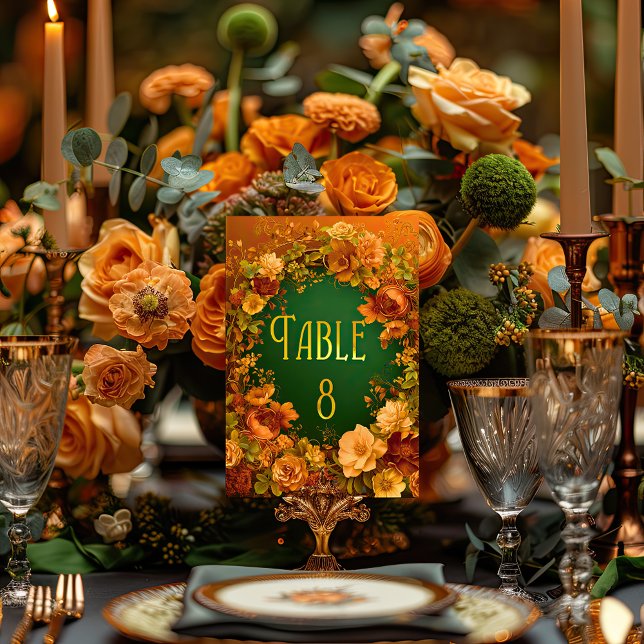 Elegant Orange Gold & Green Druid Hill Wedding Table Number (Floral Celtic Arch Gold and Green Wedding Table Number )
