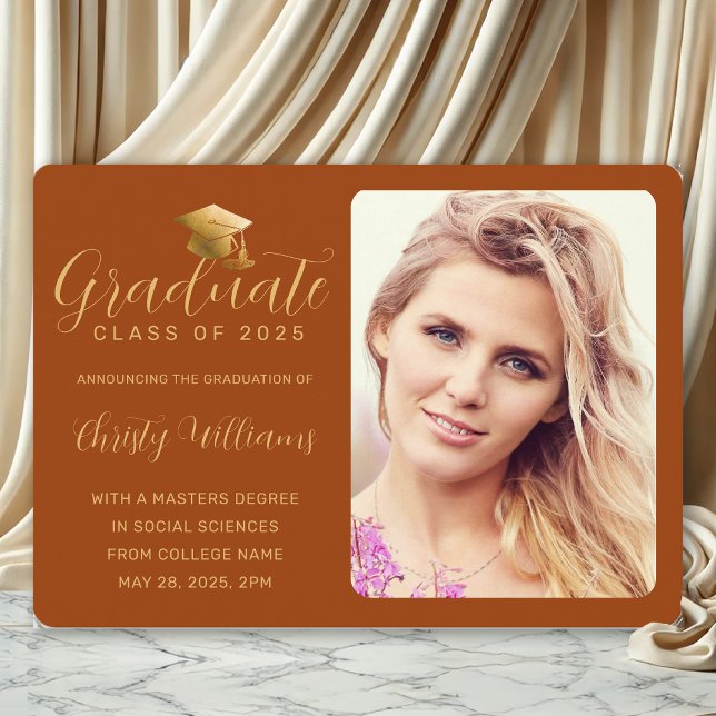 Elegant Orange Gold Photo College Graduation Announcement (Orange and Gold Photo Graduation Announcement for College Grads)