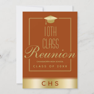 Elegant Orange Gold Script 10th Class Reunion Invitation