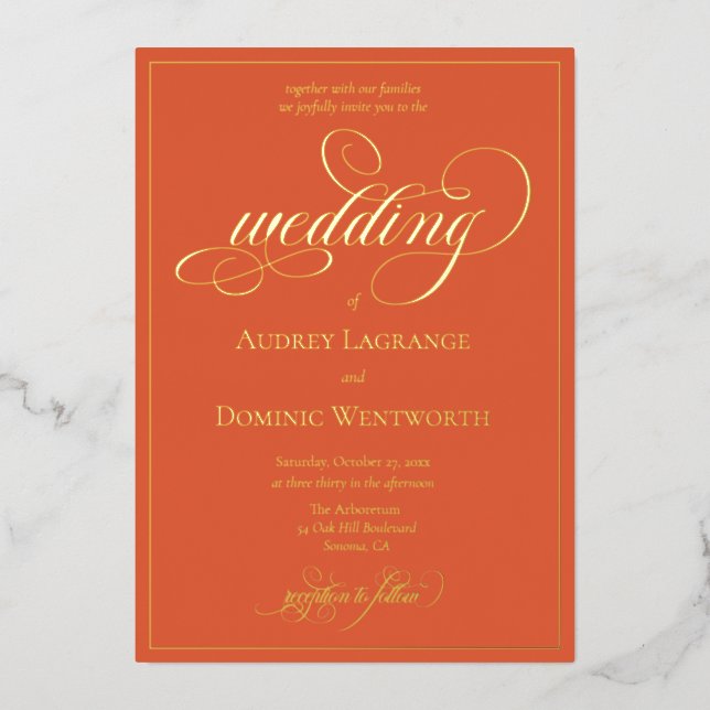 Elegant Orange Gold Wedding Script Calligraphy (Front)