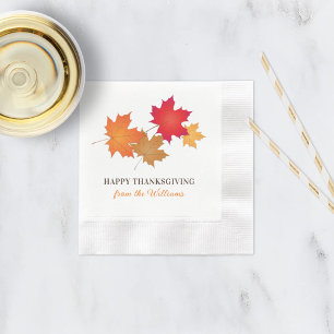 Elegant Orange Happy Thanksgiving Autumn Leaves Napkin