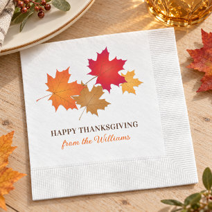 Elegant Orange Happy Thanksgiving Autumn Leaves Napkin