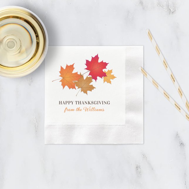 Elegant Orange Happy Thanksgiving Autumn Leaves Napkin (Creator Uploaded)