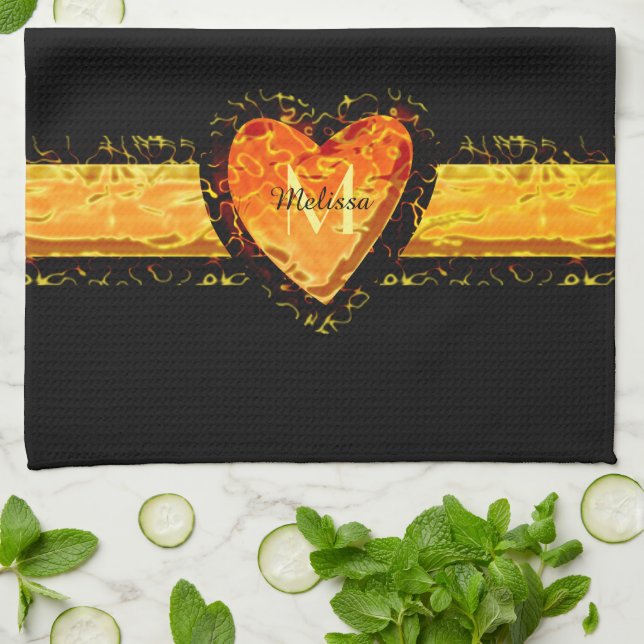 Elegant Orange Heart Valentine day Black Monogram Tea Towel (Folded)