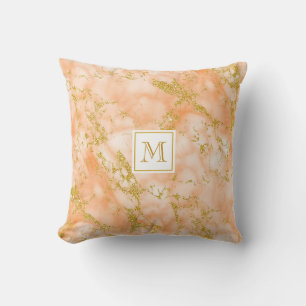 Elegant Orange Marble Monogram Faux Gold Glitter Cushion