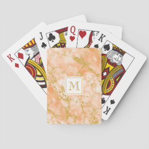 Elegant Orange Marble Monogram Faux Gold Glitter Playing Cards