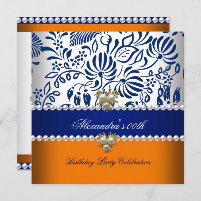 Elegant Orange Navy Blue Damask Pearl Party 2 Invitation (Front/Back)