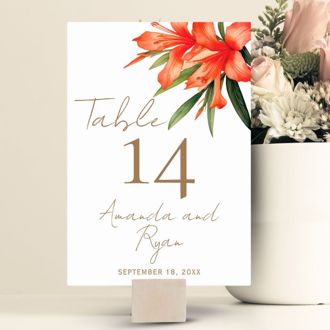 Elegant Orange Oleander Flower Floral Wedding Table Number (Creator Uploaded)