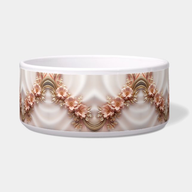 Elegant Orange Peach Floral Ceramic Pet Bowl (Front)