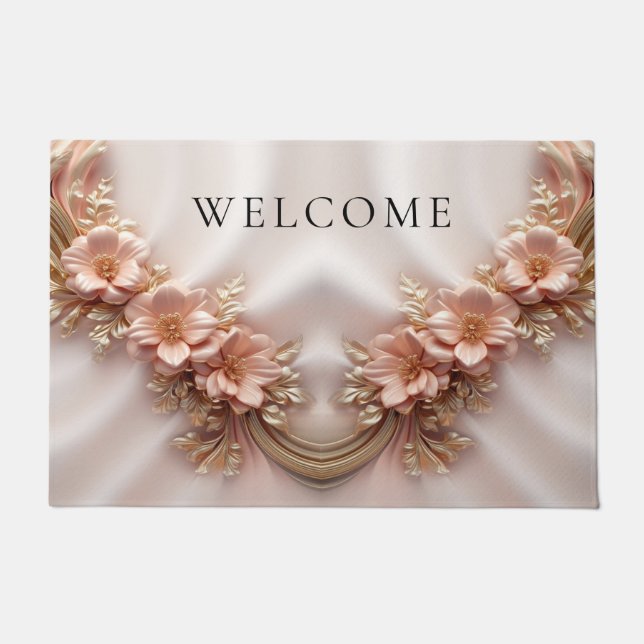 Elegant Orange Peach Floral Doormat (Front)