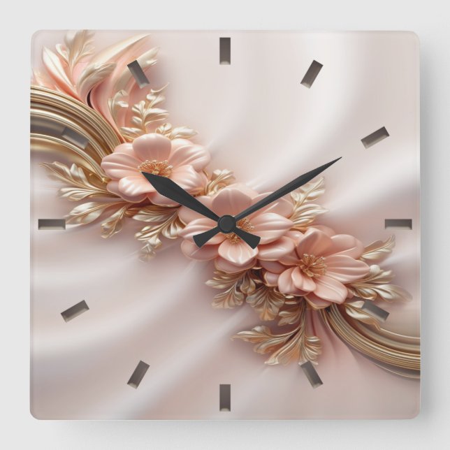 Elegant Orange Peach Floral Wall Clock (Front)