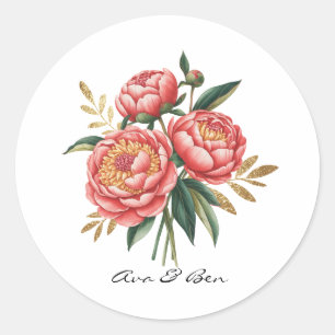 Elegant Orange Peony Bouquet Wedding Classic Round Sticker
