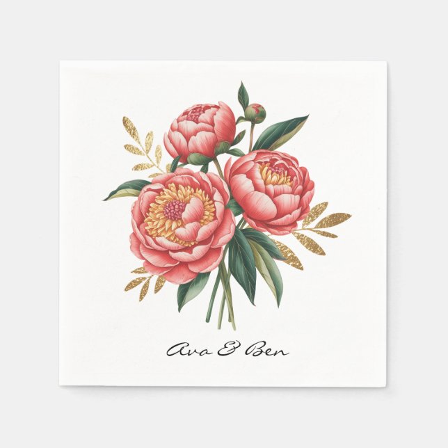 Elegant Orange Peony Bouquet Wedding Napkin (Front)
