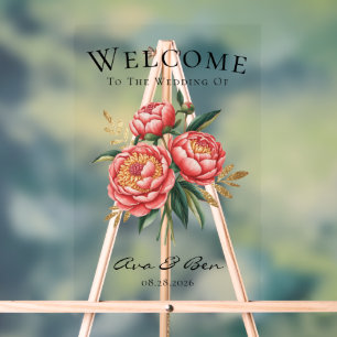 Elegant Orange Peony Bouquet Wedding Welcome Sign