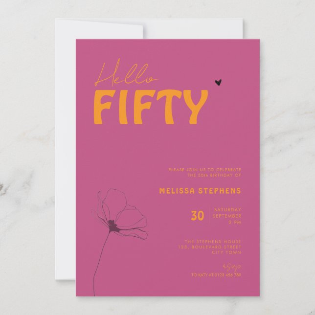 Elegant Orange Pink Hello Fifty 50th Birthday Invitation (Front)