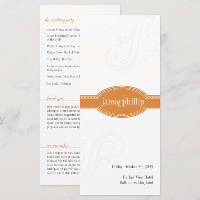 Elegant Orange Program, Caroline Wedding (Front/Back)