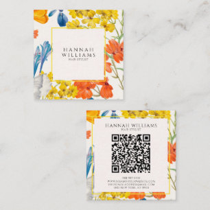 Elegant Orange QR Code Floral Pattern Modern Square Business Card