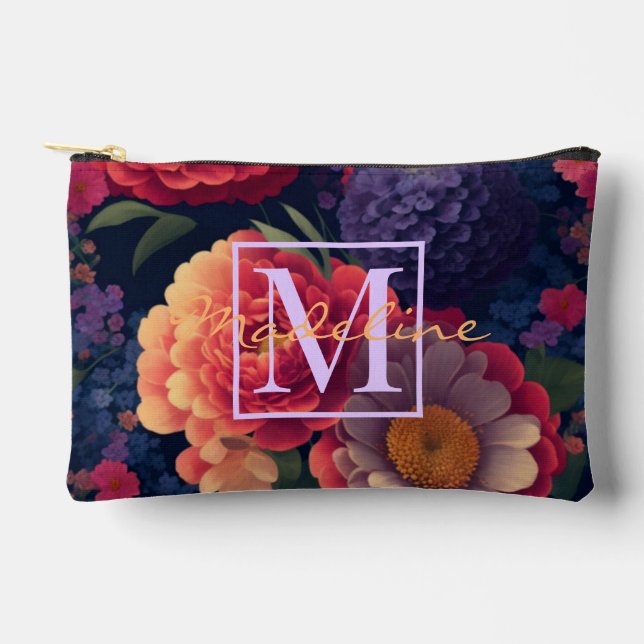 Elegant orange red floral romantic monogram  accessory pouch (Front)