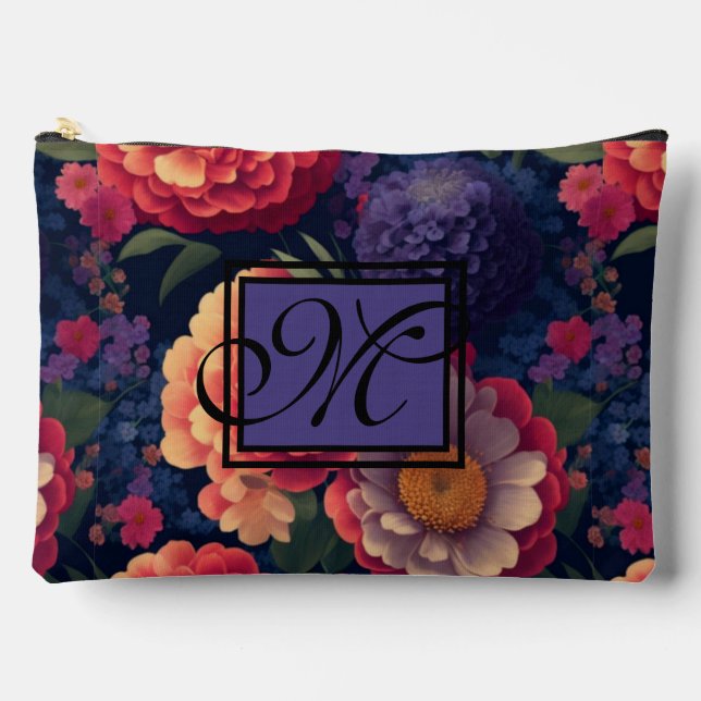 Elegant orange red floral romantic monogram  accessory pouch (Front)