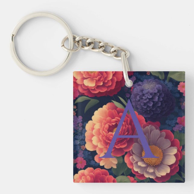 Elegant orange red floral romantic monogram  key ring (Front)