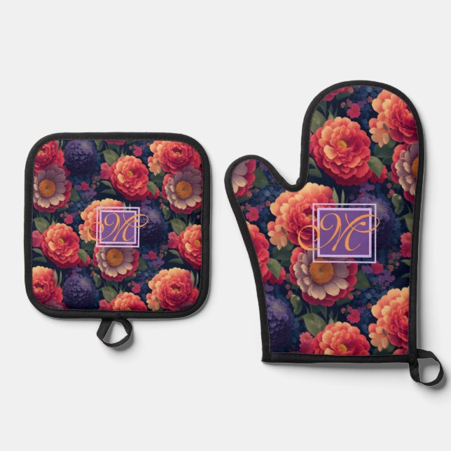 Elegant orange red floral romantic monogram  oven mitt & pot holder set (Front)