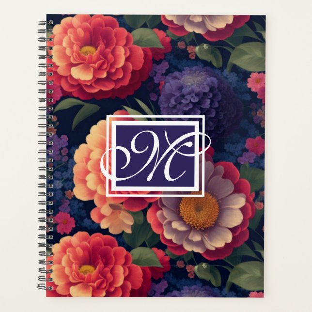 Elegant orange red floral romantic monogram  planner (Front)