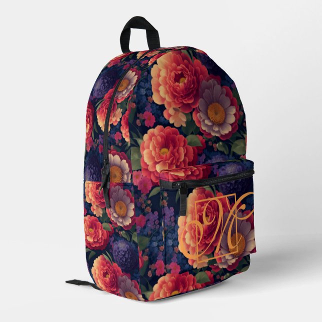 Elegant orange red floral romantic monogram  printed backpack (Back Corner Left)