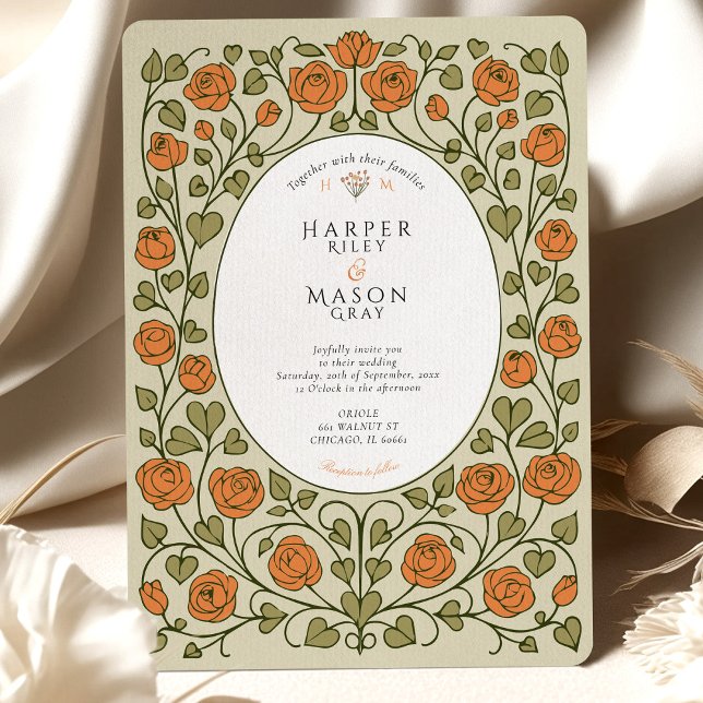 Elegant Orange Rose and Green Heart Wedding Invitation (Creator Uploaded)