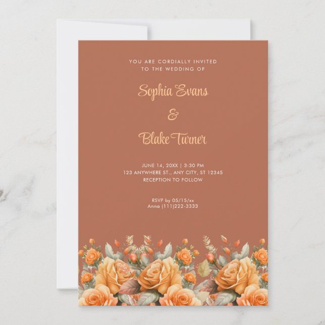 Elegant Orange Rose Garden Brown Wedding Invitation (Front)
