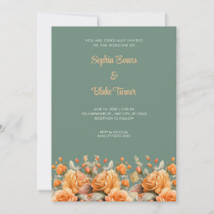 Elegant Orange Rose Garden Green Wedding Invitation