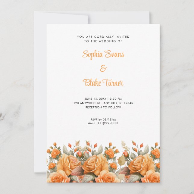 Elegant Orange Rose Garden White Wedding Invitation (Front)