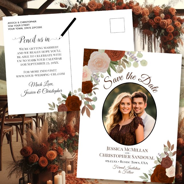 Elegant Orange Roses & Photo Wedding Save the Date Announcement Postcard (front/back)
