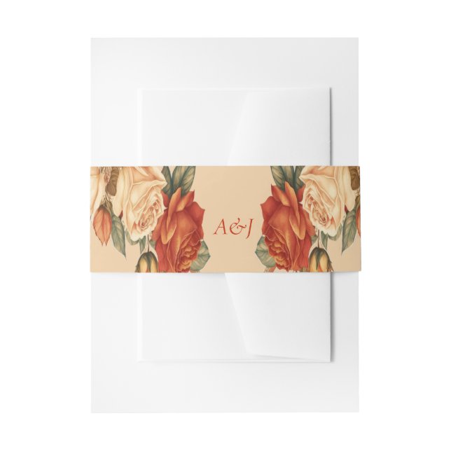 Elegant Orange Rustic Roses Floral Wedding Invitation Belly Band (Front Example)