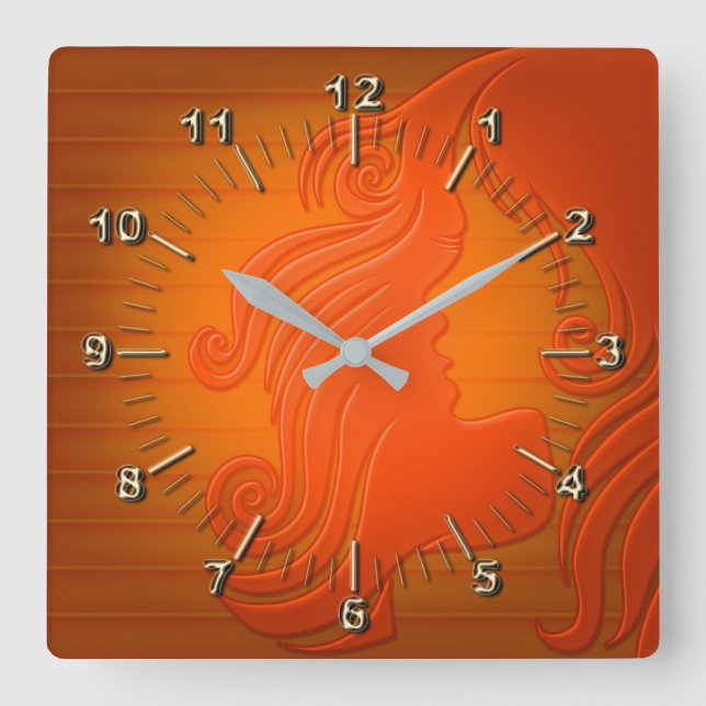 Elegant orange square wall clock (Front)