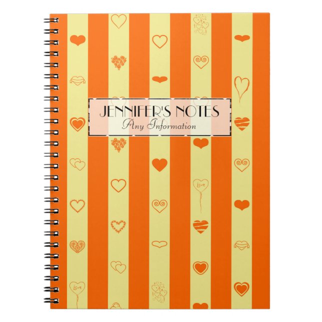 Elegant Orange Stripes Modern Heart Pattern Spiral Notebook (Front)
