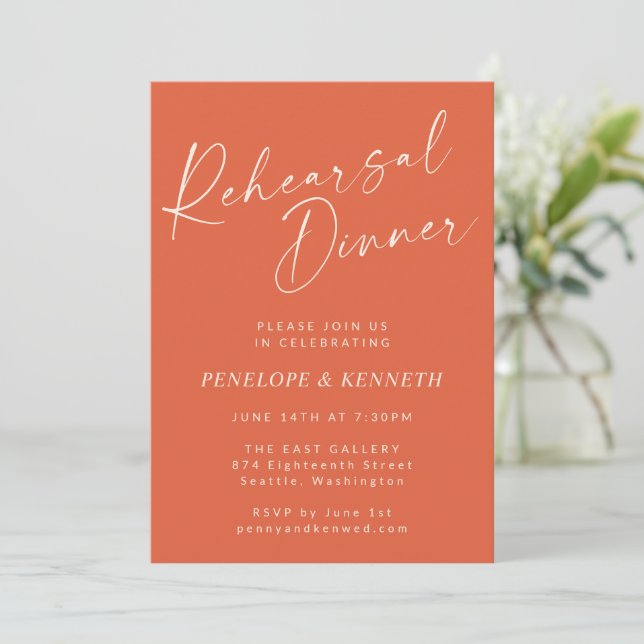 Elegant Orange Sunset Script Rehearsal Dinner Invitation (Standing Front)