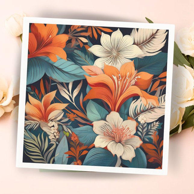 Elegant Orange Turquoise Flower Pattern Floral Napkin (Creator Uploaded)
