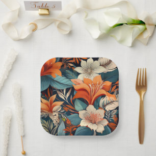 Elegant Orange Turquoise Flower Pattern Floral  Paper Plate