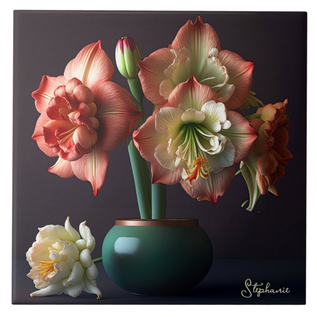Elegant Orange White Amaryllis Flower Tile (Front)