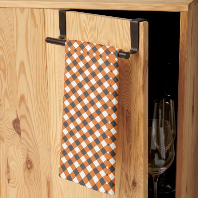 Elegant Orange White Gingham Plaid  Tea Towel (Thirds Fold)