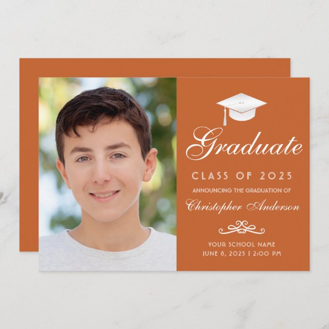 Elegant Orange White Script Photo Graduation Announcement (Front/Back)
