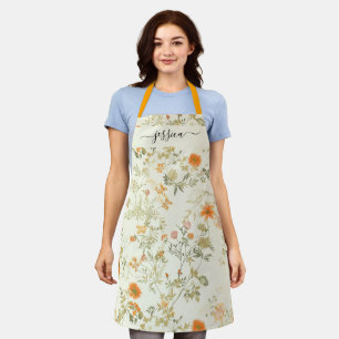 Elegant orange wildflowers script name apron