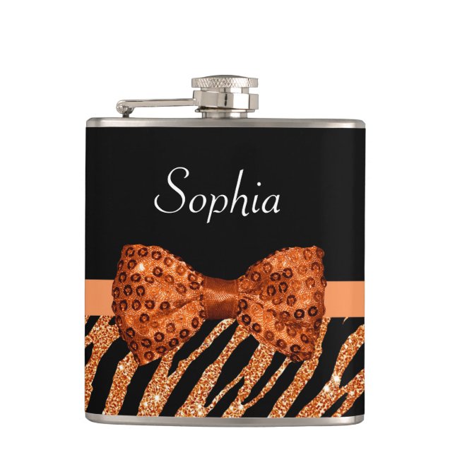 Elegant Orange Zebra Print FAUX Glitz Bow and Name Hip Flask (Front)