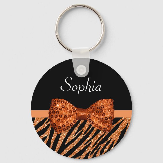 Elegant Orange Zebra Print FAUX Glitz Bow and Name Key Ring (Front)