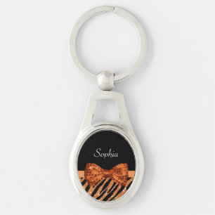 Elegant Orange Zebra Print FAUX Glitz Bow and Name Key Ring